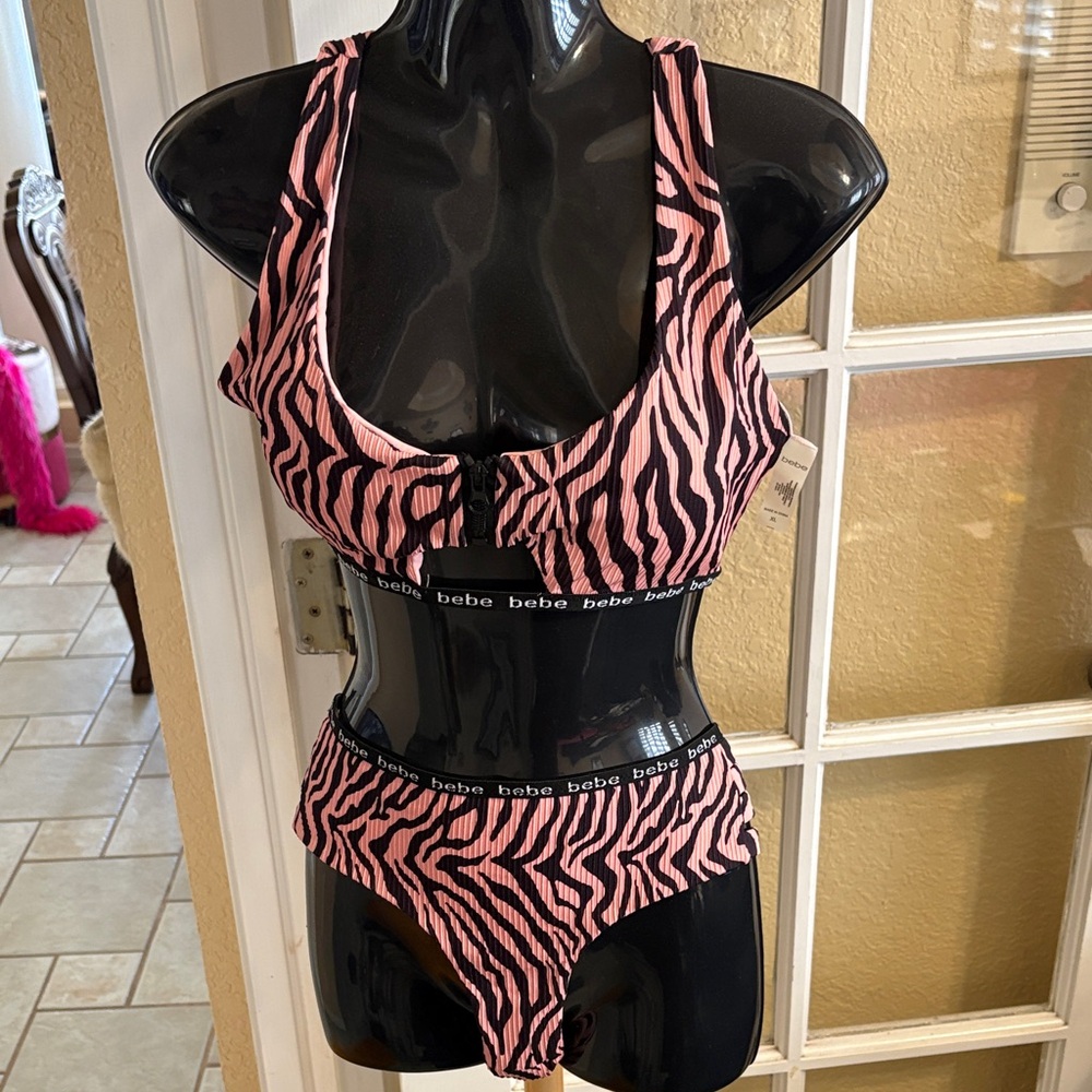 bebe Pink and Black Zebra Ribbed Bikini Set